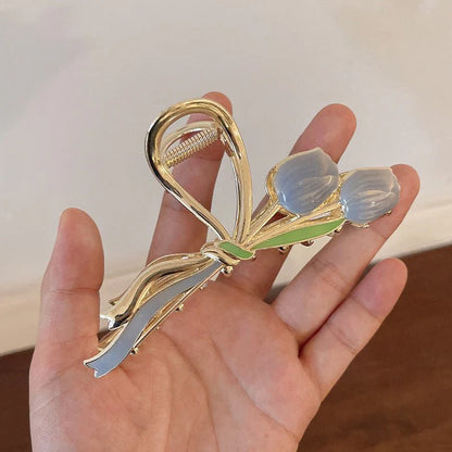 Oil Dripping Tulip Metal Grip Back Head Elegant Barrettes